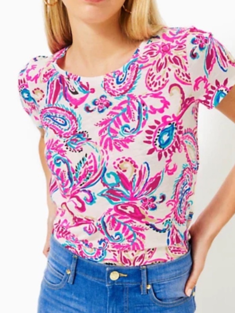 Lilly Pulitzer Etta Scoop Neck Top Coconut Flitting About Medium Pink Blue